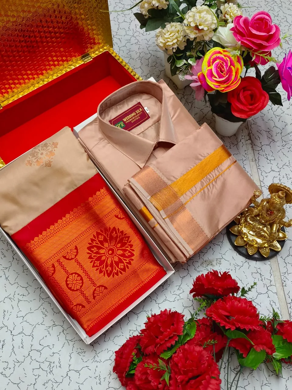Peach Beige with Red Semi Silk Couple Combo